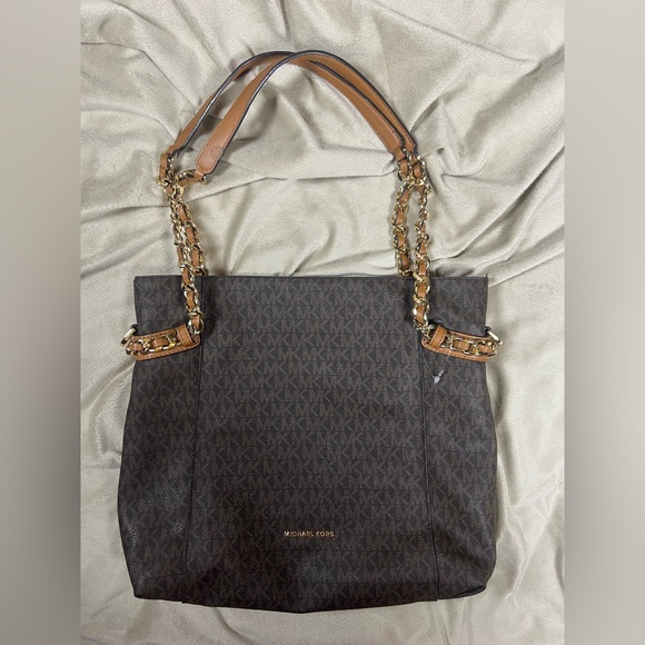 Michael Kors Handbags - Michael Kors Brown Signature Logo Tote Gold Chain Shoulder Bag